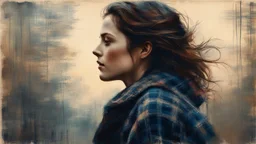 <lora:Texturized:1.0> Profile, woman in tartan, delicate hues blending with etched, crisp outlines, surrounded by gently descending brush strokes, all immersed in the warmth of early morning sunlight casting subtle shadows, against a textured tartan background ​​burlap, reminiscent of the methods of Jeremy Mann or Raphael Sanzio, characterized by the volumetric effects of lithography with stone washes, chiaroscuro and lithographic style, oil painting