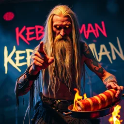 a very thin swedish viking man, evil with very long blonde hair (2 meter), (fat glowing eyes), he is called "KEBAB MAN" performing at death metal club, his name is "KEBAB MAN" kebab rolls On stage, kebab Neon lights and smog, and "KEBAB MAN" big sign on the wall, kebab tribal tattooes, spinning kebab machines, flames and smoke, chaos, he using gasolin and pour it on the kebab on the stage, pointing middle finger, not point finger