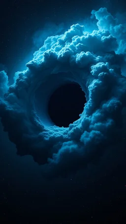 Intense cold dark blue Hole explosion in deep space. Hole apocalypse wipes out Universe. Cold blue cloudy hole collision explodes in outer space.a shape of devilish dark body with hood in the hole like sucked in side Epic galaxy with growing black hole. Thin line draw, Cinematic interstellar