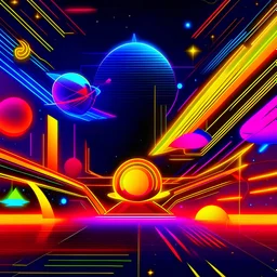 create a pic that reminds about techno music, dance and syntwave , with neon and yellow rays and starships