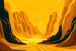 A golden yellow canyon in a thunderstorm in Minimalism art style