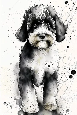 Abstract wet watercolour of a black and white bernadoodle, ink lines, splashy background detailed,focus on eyes, watercolour paper