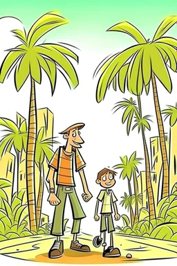 city palm trees old and boy walk cartoon