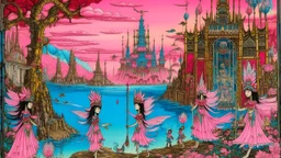 A pink tiny cybernetic fairy kingdom designed in Navajo yarn painted by Utagawa Hiroshige