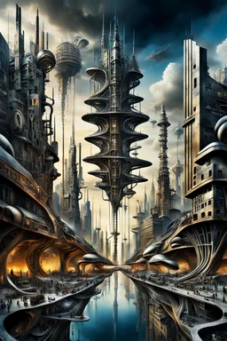 a stunningly weird image of a futuristic metropolis using Salvador Dali's paranoiac-critical method, where buildings and structures appear to melt into the skyline cityscape is filled with floating mad, twisted sharp metal shapes that interact with the buildings and each other, forming a surreal tableau of a dreamlike reality. neu-steampunk vibe, essence of the scene in a cinematic manner, with dramatic shadows that enhance the distorted perspectives and bizarre, futuristic surreal vibe