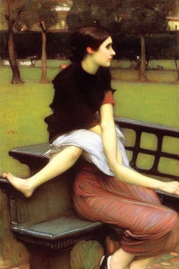 Woman sitting on a park bench John William Waterhouse