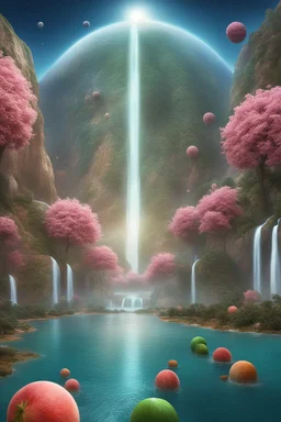 Future city. Designed by Islam on the mountains of Dhubarjad Waterfall pouring into Lake Yaqout Al-Ahmar. Rose trees and exotic fruits. The sky is colored with stars and planets.