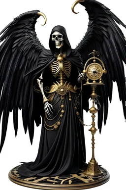 older skeleton dressing a long black and old tunique, hood, long sleeves, big black bird wings, black armor, golden neck lace, big key and sand clock