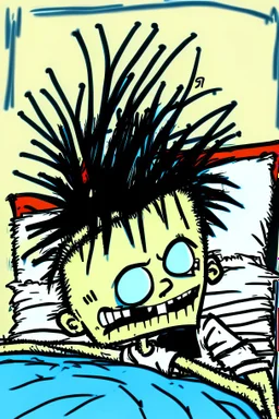 2d drawing of a stickman, laying in bed, cool with punk hair, just woke up, excited, smiling naughty ,3d realistic in colour