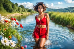 beautiful girl supper model, in nice red top ,blue short pants, with curvy hair,perfect face,perfect eyes,country side wavy narrow river ,wild flowers ,blue sky nice clouds,just jumped in water with splash