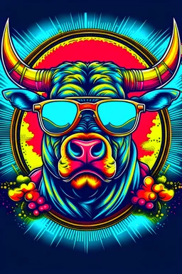 t-shirt design, angry bull with sunglasses on his eyes, digital art by Jan Tengnagel, shutterstock contest winner, furry art, artwork, angular, art. Symetrical