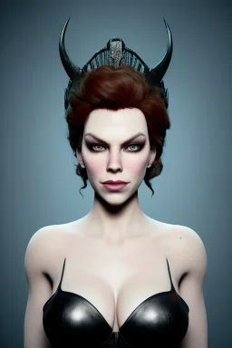 Hannah Waddingham as evil queen in black leather, busty, cleavage, voluptous, rebecca Welton, angry, stern look. character design by cory loftis, fenghua zhong, ryohei hase, ismail inceoglu and ruan jia. unreal engine 5, artistic lighting, highly detailed, photorealistic, fantasy