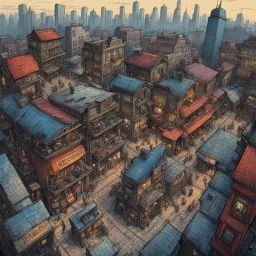 [poster by Kevin Eastman and Peter Laird] the vibrant streets of a city with a long history seen from above: old shops and buildings to skyscrapers