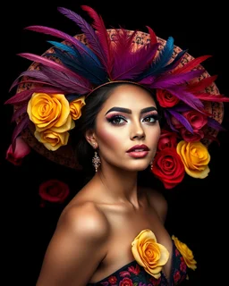 Photorealism Studio lightning perfection body beautiful pretty supermodel luxury glamours makeup artistic,wearing adorned large hat Mariachi mexican fashion Adorned Majestic feathers, fiery purples, deep blues, stark black bg, assortment of roses, full bloom, yellow, red, contrast, artistic flair, intricate details, textures, natural beauty, harmonious blend, adorned flowers background