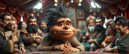 fat fascist dynasty soap opera, entire cast, photo shoot, posing, movie poster, with posters in it, close up portrait of hairy fluffy polymer clay cute female happy worried monster with realistic human colored and textured skin, and long sleek limbs and with studio lights, on a luxury ornate tent buss, talking to his aunt