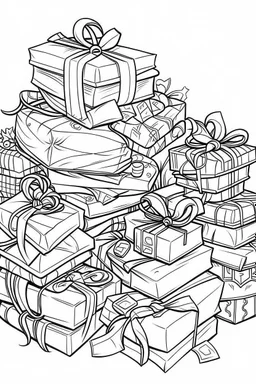 coloring page for kids, , cartoon style, thick outline, low details, no shading, no color, Pile of wrapped presents with bows.