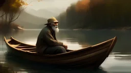 Could you please help me create a landscape painting with an old man on a solitary boat