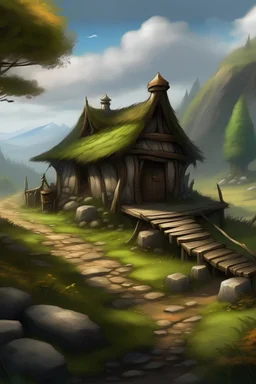 Dungeons and dragons road with a hut hiding in wilderness