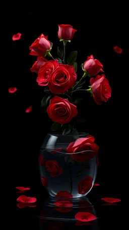 The image is a digital artwork that depicts a branch of red roses tangling in to a water in vase with aThe rose floats on the surfaces of the water, creating a wave-like effect. The background is black, which makes a branch of a tree of red roses stand out even more. are scattered adding to the dreamy, ethereal quality of the image.
