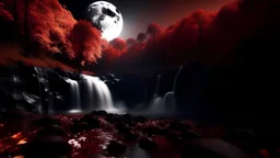 White waterfall, moon, a dark red autumn forest around