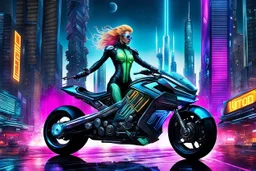 In utopian cyberpunk future, a hardcore beauty woman, cruises through the neon-lit streets of a tall, towering city on her custom-painted motorcycle. Her perfect android body is in futurstic motorcycle clothing, it gleams in the night as she racing between towering metal and glass skyscrapers and The Utopistic Landscape and satellites stretches out before her. She rides towards a neon blue spaceport, where her latest adventure awaits. deep colors, utopistic, neo-cyberpunk style