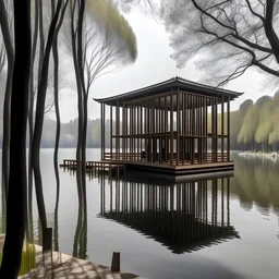 rstaurante con volumenes entre lazados de palillos chinos, en un lago, de estilo moderno rodeado de arboles
