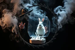 ai magic show presentation wow effect smoke bunnies awesome awesome yoga magician with scary hat on awake within a dream inside a circular saw blade Alice in wonderland and cards with crosses and bunny inside a big transparent dice all contained within a circle that has only black outside