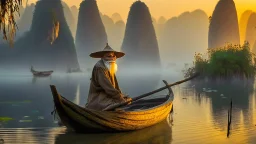 Old fisherman at guilin china on morning sunrise