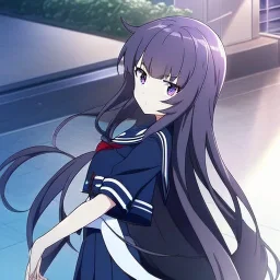 Clear focus, High resolution, long black fluffy hair, long locks, chopped bangs, purple eyes, wearing a sailor uniform, (solo), anime screencap