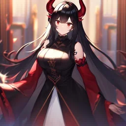 Clear focus,High resolution, Black sleeveless fluffy Shirt, Black short skirt with Red under it, Cut sleeves that are Black, Standing still, Black long hair, Red eyes, Red horns