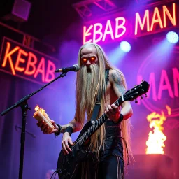 a very thin swedish viking man, evil with very long blonde hair (2 meter), (fat glowing eyes), he is called "KEBAB MAN" performing at death metal club, his name is "KEBAB MAN" kebab rolls On stage, kebab Neon lights and smog, and "KEBAB MAN" big sign on the wall, kebab tribal tattooes, spinning kebab machines, flames and smoke, chaos, he using gasolin and pour it on the guitar on the stage