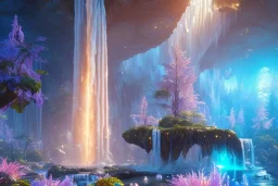  white and gold crystal cosmic ambiance，waterfall, full of details, smooth, bright sunshine，soft light atmosphere, light effect，vaporwave colorful, concept art, smooth, extremely sharp detail, finely tuned detail, ultra high definition, 8 k, unreal engine 5, ultra sharp focus