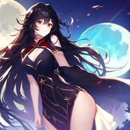 girl, masterpiece, best quality, volumetric lighting, dynamic pose, detailed outfit, perfect eyes, black hair, red eyes, messy hair, long hair, moon,