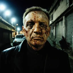 very grainy discolored photo, portrait, dark night street, grunge, 2000s Russia, punk, outcast, rough, confident, older male, extremely pale skin, flesh growths cover his face, face is disproportionally deformed, hunchback, sewer dweller