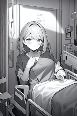 girl in bed, hospital patient room, greyscale