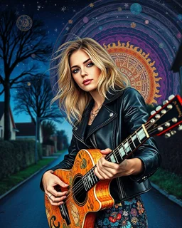 "Midnight Serenade unique" low view angle shot down village road , large close up a beautiful young blonde woman wearing a cool black leather jacket like rocker style and holding a guitar, granite terrazzo motifs with puzzle modern clothing is decorated with colorful filigree abstract, Collage chutes papiers magazines,Spirograph background by Nisa Kiley, Textile Artist