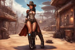 photorealistic exotic sci-fi steampunk pin-up girl in boots, in a futuristic sci-fi wild west town