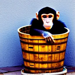 a monkey in a barrel in a town square