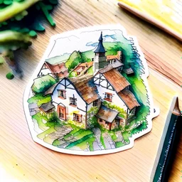 aerial view of a watercolour drawing village house as a sticker