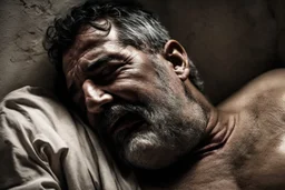 close up photography of a sweat dirty marocan prisoner in cell sleeping lying down on a bed , manly chest, shirtless, muscular strong chubby 56 years old, low lights, ajar mouth, long beard, misery and poverty, dim light enters from a skylight above, lights from above, photorealistic, ambient occlusion, aerial view