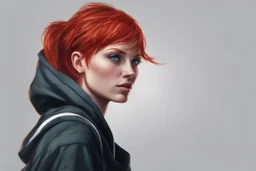 Woman with bright, short red hair, blue eyes, wearing a black hoodie, realistic