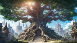 anime final fantasy artwork style, Highly detailed, Giant tree, gorgeous shiny crystal tree Yggdrasil, at the bottom medieval fantasy city