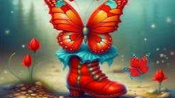 fantasy style cute little butterfly wearing red boots