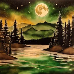 Alcohol ink art with thin black and gold lines at boundaries. Hyper realism, Fantasy, Surrealism, HD, Detailed. Centered. Shades of white, gold, tan, and deep green. A forest with pine trees and nearby lake. Very large full moon on horizon. Reflection. Waves splashing in the night. The sky filled with the cosmic wonder of the Milkyway. Starlit night.