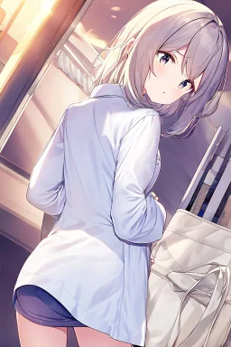 anime waifu wearing a pyjama shirt and a short skirt with her back turned