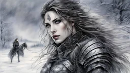 Hyper-photorealistic watercolor art style by Luis Royo , a warrior woman in black armor on the background of a cold snow-covered country, ice and crystal, frost and snow, hyperdetailed face, full body diagonal shot, encounters male bandits in dark fantasy countryside setting, absence of mysterious elements, dramatic lighting, ultrafine detail, octane rendering., by