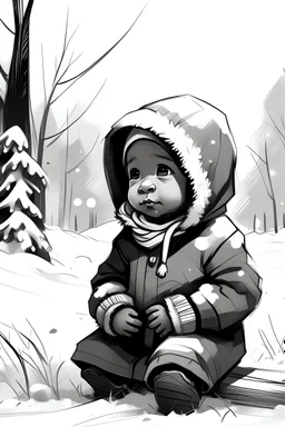 Draw Black Baby black and white in the winter