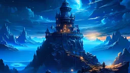 subconscious deep and relax fortress on magic tower and meditation round podium , realty mountains, only sky, where you can see , panorama. Background: An otherworldly bathed in the cold glow of distant stars. gloomy landscape with dramatic HD highlights detailled.
