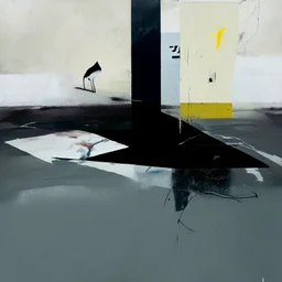 Minimal contemporary abstract oil paintings of desolate 1960s carpark with road markings and concrete fragments. Overlay with grungy typography graphics. style of Justin Mortimer and Francis Bacon.