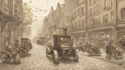 industrial steampunk street with cobbled pavement, steam cars, people, trees